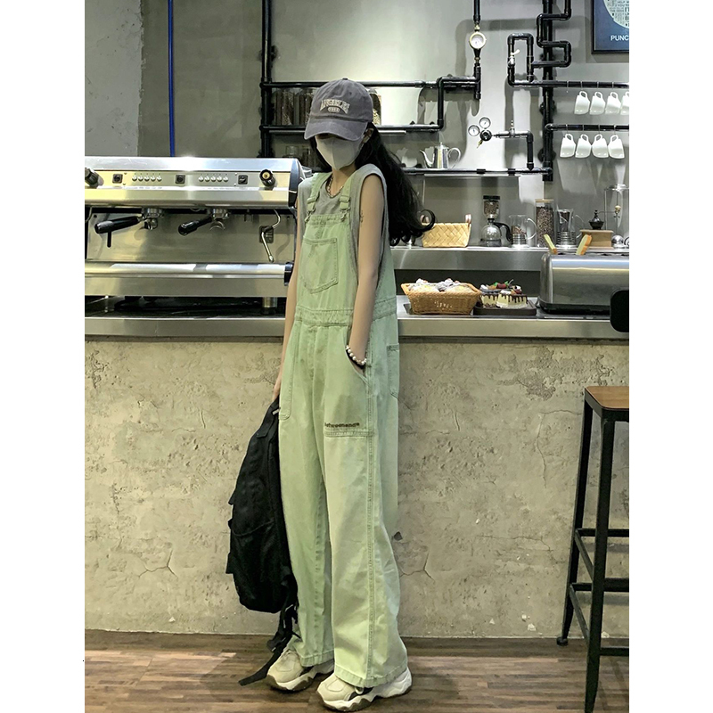 Women's Jeans Winter Green Denim Overalls Pant for Women Y2k Streetwear Baggy Pocket Straight Bib Rompers Trousers Korean Ladies 230422