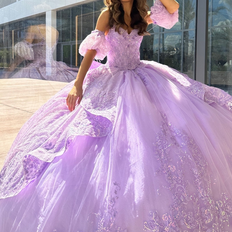 Lavender Shiny Sweetheart Quinceanera Dresses Off the Shoulder Party Birthday Dress for Sweet 16 Tulle Sequin Applique Lace Beads Ball Gown Vestid 15 