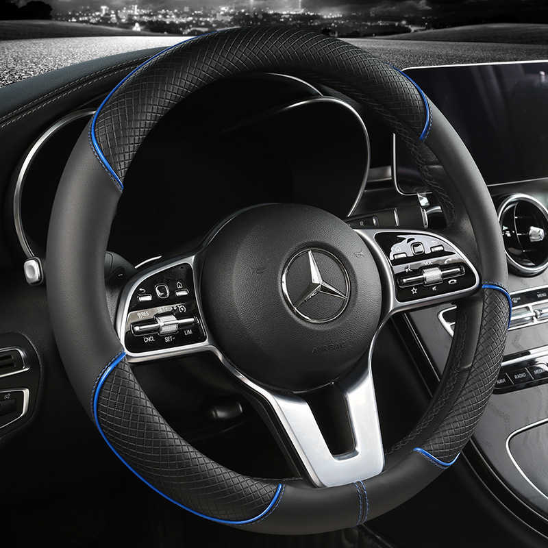 Steering Wheel Covers New Leather Steering Wheel Cover Embossed Non-slip With Round D-shaped Handle For Volkswagen BMW Nissan Nissan T231122
