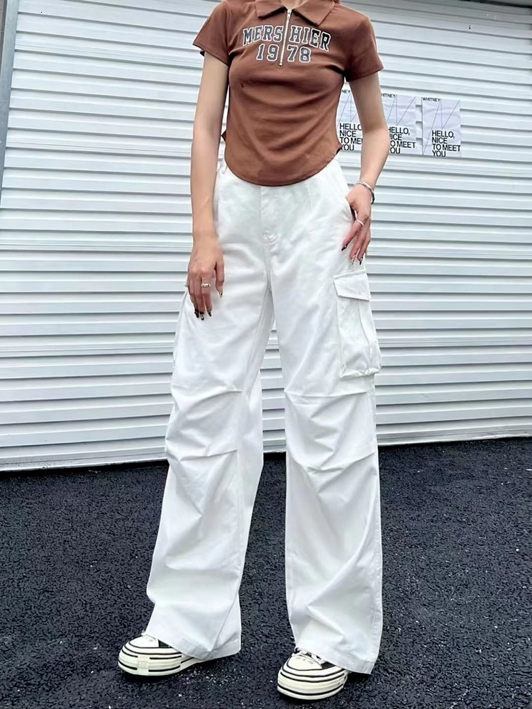 Women's Pants Capris HOUZHOU Y2K Retro White Cargo Pants Women Vintage 90s Aesthetic Oversized Brown Parachute Trousers Female Hippie Wide Pocket