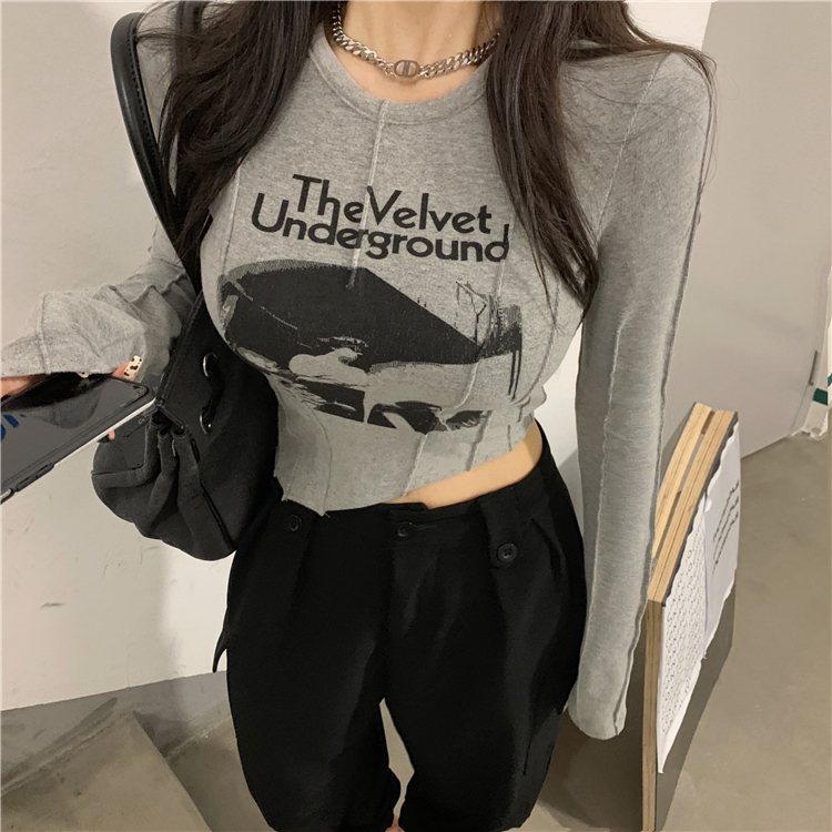 Women's T-Shirt Graphic Print Cropped Tops 90s Vintage Women Long Sleeve Skinny T-shirt Y2K Female Autumn Basice Tees Harajuku Streetwear 230422