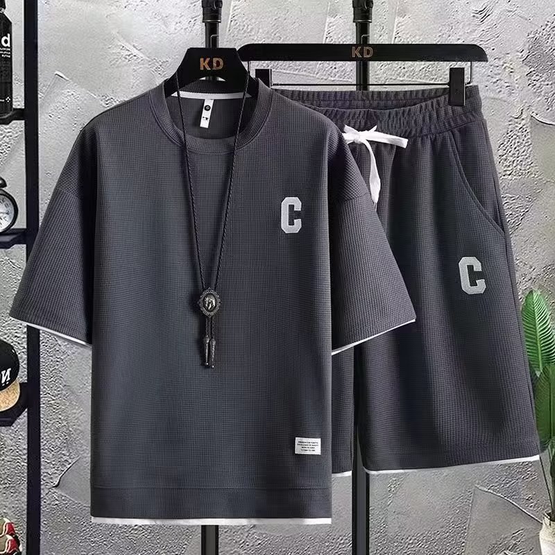 Men's Tracksuits High Quality Waffle Men's Tracksuit Letters Vintage Streetwear Men Sets Short Outfits Summer T Shirt Shorts 2 Piece Set 230