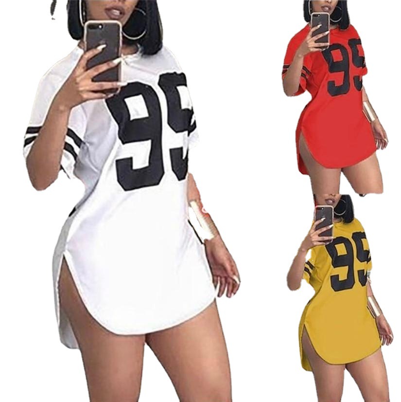 Summer dress New Number Print Short Sleeve Dresses for Women Summer Casual Solid O-neck Dresses New Loose White Dresses Sundress Robe Mini red szie 5xl
