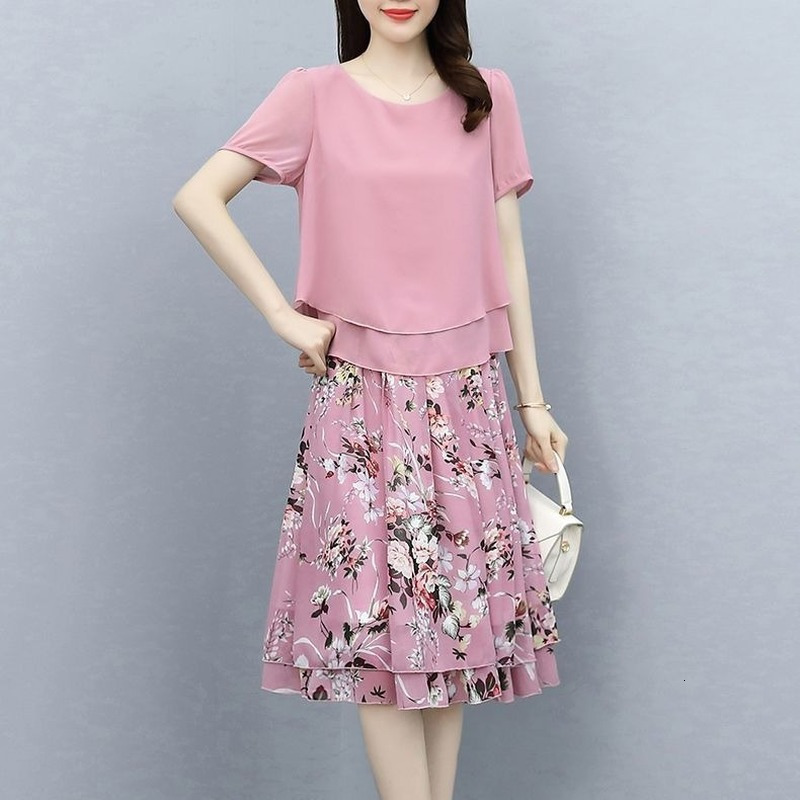 Two Piece Dress Two Piece Sets Women Summer Chiffon Print Shirt and Midi Skirts 2pcs Set Female Korean Casual Office Skirt Suit 5XL E68 230422