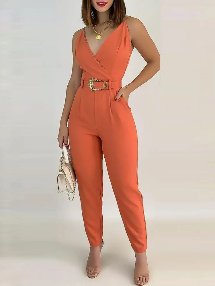 Women's Jumpsuits Rompers V-Neck Pocket Detail Cami Jumpsuit with Belt Women Sleeveless Summer Overalls 230422