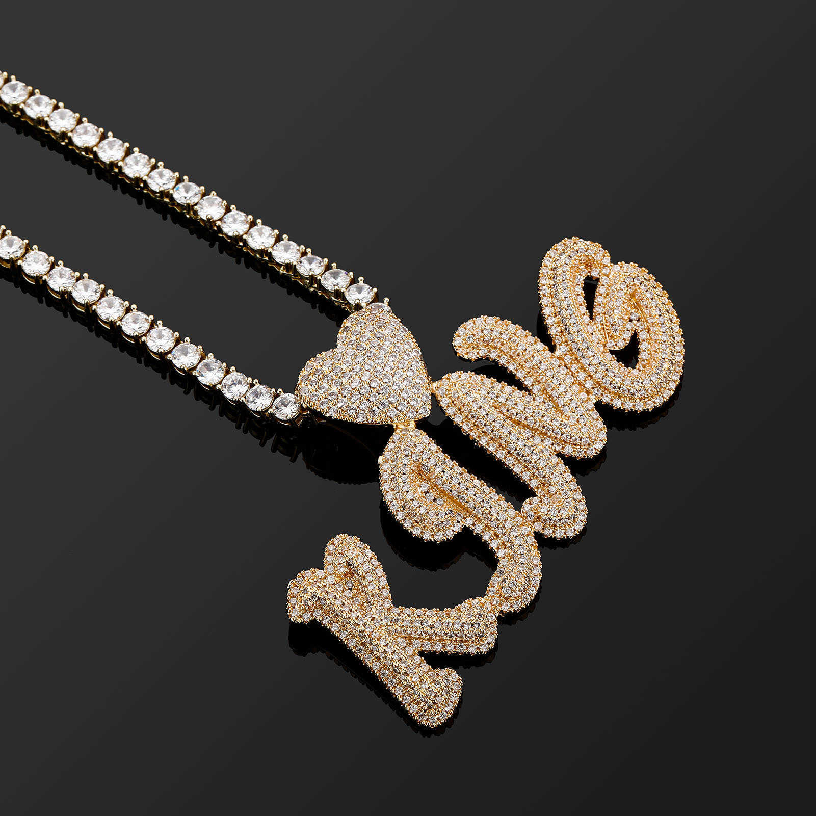 Best Selling Capital Letters Mosaic King Heart Charm Pendant Necklace Mens 14K White Gold Full Bling Cubic Zirconia CZ Stone Hip Hop Personalized Jewe