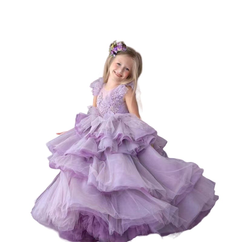 Cute Lace Flower Girl For Wedding 3D Appliqued Ball Gown Toddler Pageant Gowns Frist Holy Communion Dresses Tutu Floor Length Kids Birthday Dress 403