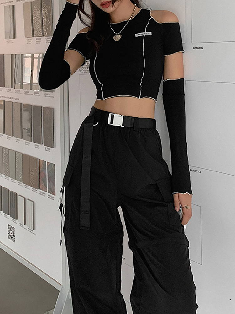 Women's T-Shirt Goth Dark E-girl Style Patchwork Black T-shirts Gothic Open Shoulder Sleeve Y2k Crop Tops Ruffles Hem Hip Hop Techwear Women Tee 