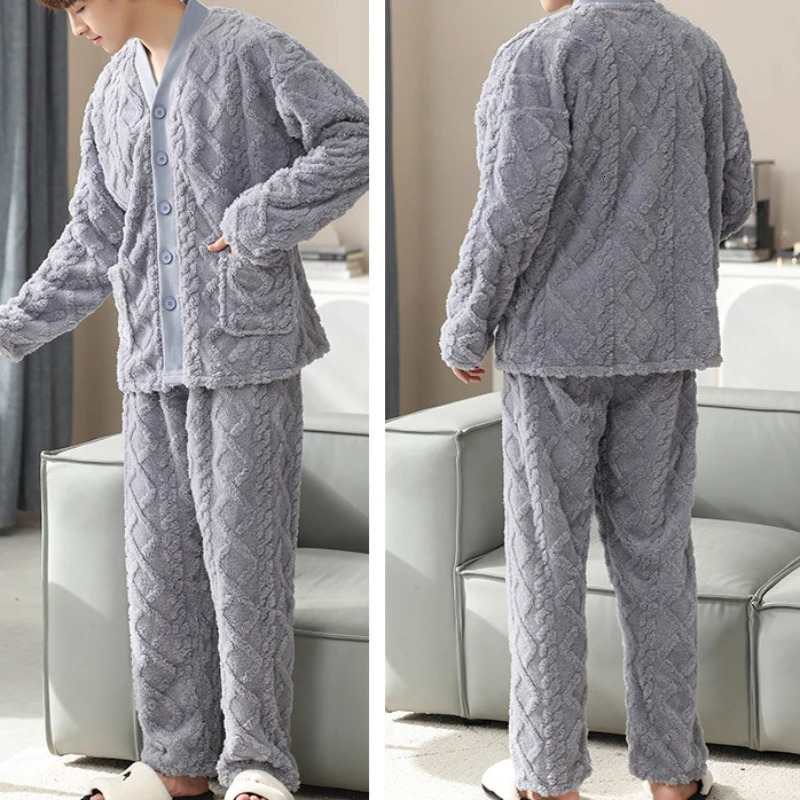 Womens Sleepwear Winter Flannel Velvet Men Pajamas Thickened VNeck Jacquard Plush Keep Warm Twopiece Suit 231122
