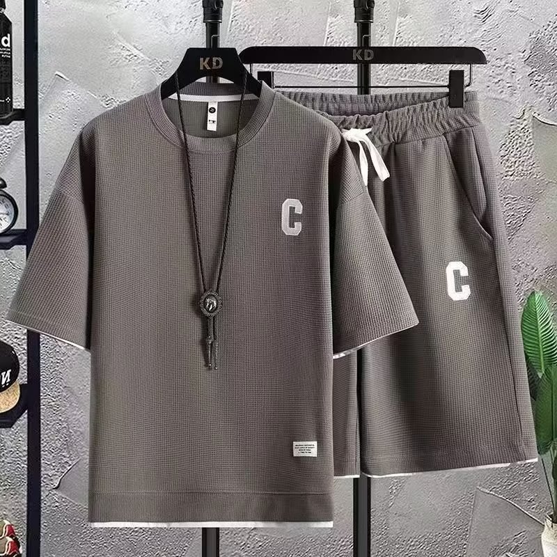 Men's Tracksuits High Quality Waffle Men's Tracksuit Letters Vintage Streetwear Men Sets Short Outfits Summer T Shirt Shorts 2 Piece Set 230