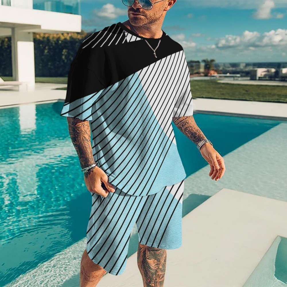 Men's Tracksuits Summer Men's Casual Beach Shorts Set 3D Printed Blu ray Fragments Round Neck Men's T-Shirt Short Sleeve Two Piece Set 