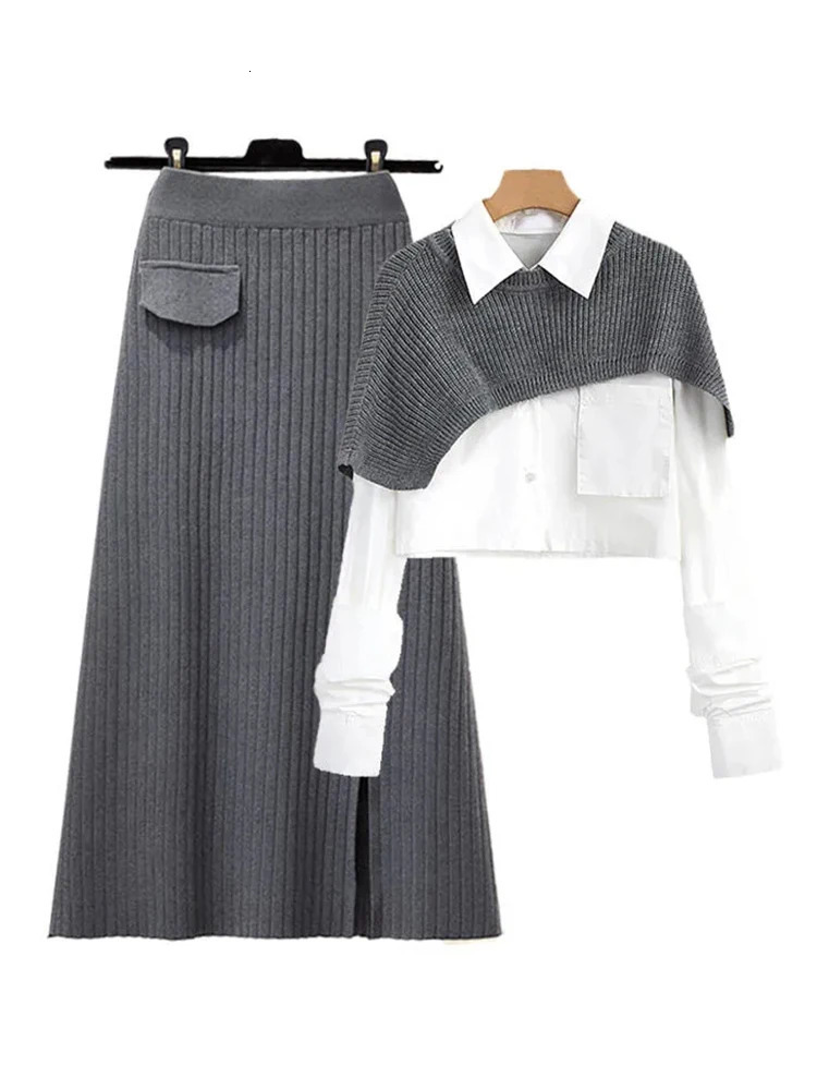 Two Piece Dress Two Piece Dress Spring Autumn Large Size Women's Shawl Shirt Three piece Set High Waist Knitting Half body Skirt Set Women Fashio