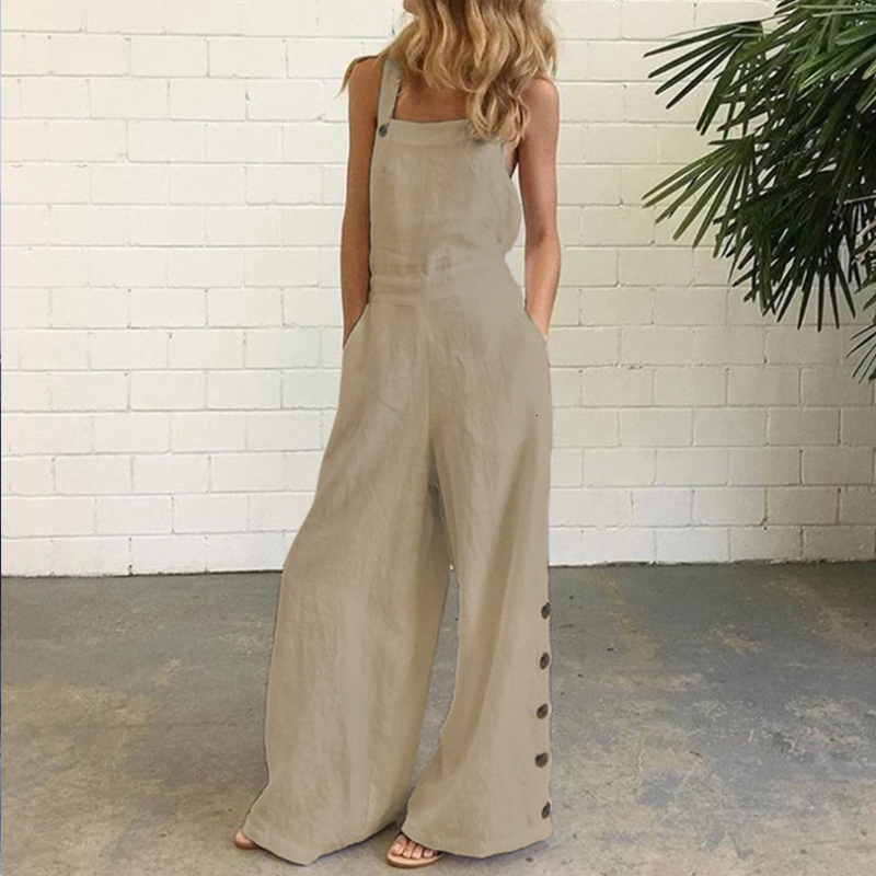 Women's Jumpsuits Rompers Women Jumpsuit Wide Leg Pants Pockets Loose Pure Color Side Buttons Summer Sleeveless Linen Long Trousers 230422