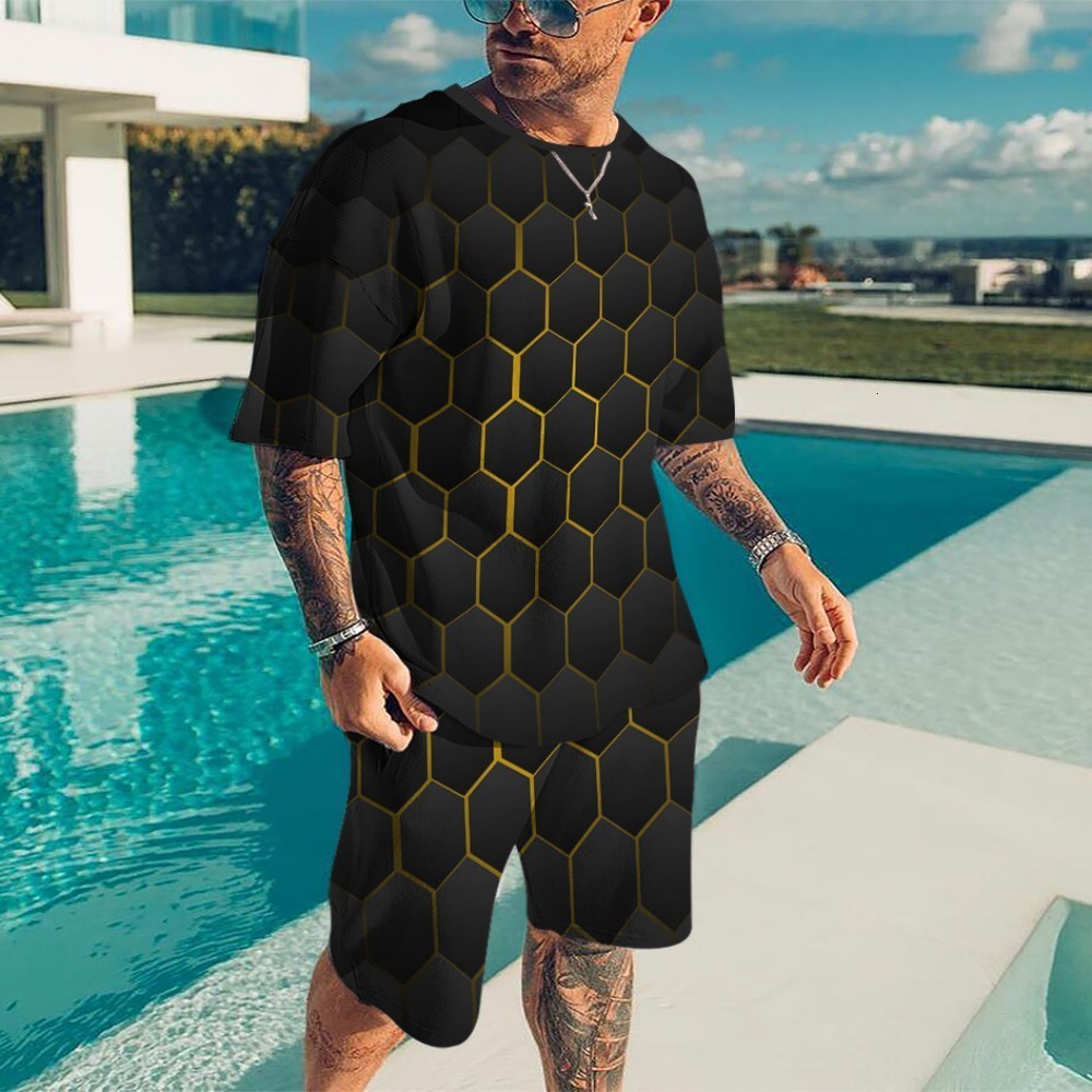 Men's Tracksuits Summer Men's Casual Beach Shorts Set 3D Printed Blu ray Fragments Round Neck Men's T-Shirt Short Sleeve Two Piece Set 