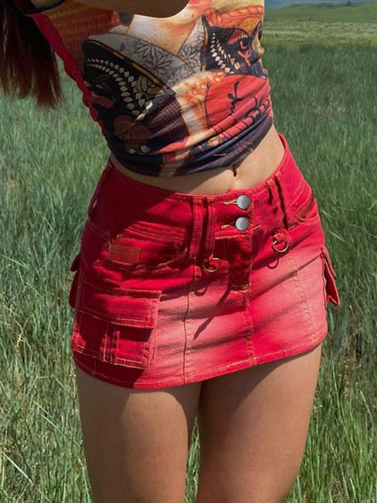 Skirts Rockmore Vintage Women'S Denim Skirt Pockets Low Waist Mini Skirt Korean Summer Streetwear Cargo Short Skirt E Girl Bottom 230422