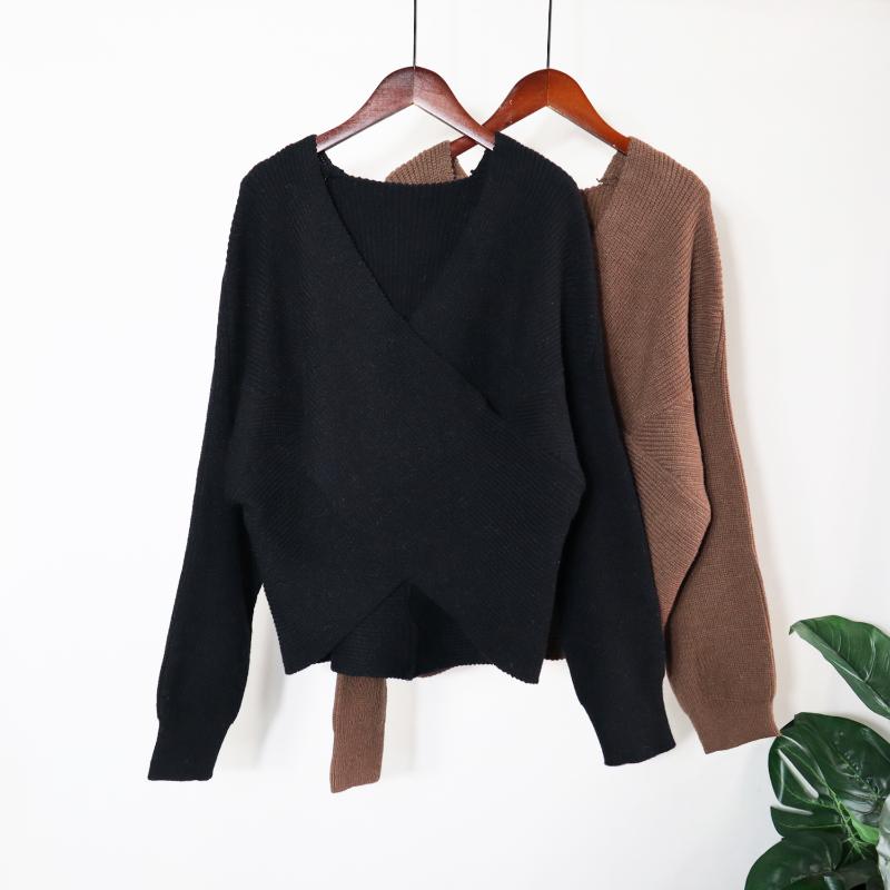Womens Sweaters Spring Autumn Long-sleeved Knitted Pullover Fashion V-neck Wrap Top Temperament Lace-up Sweater Women Elegant Bottoming Shi