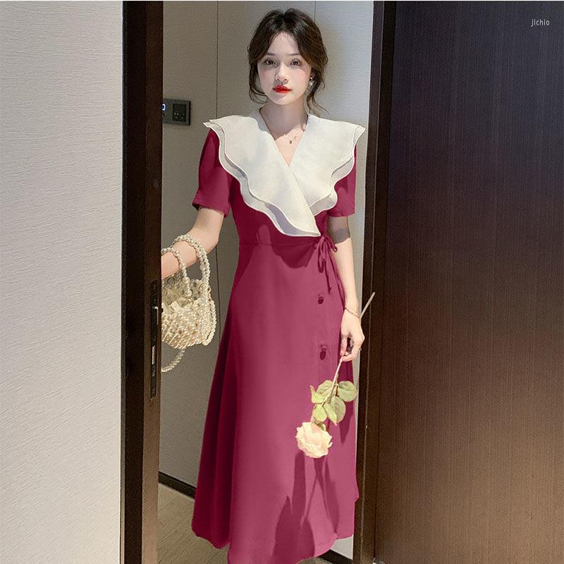 Casual Dresses Vintage V Neck Large Lapel Ruffle Slim High Waist Short Sleeve Dress Women Vestidos A Line One Piece Lace Up Summer
