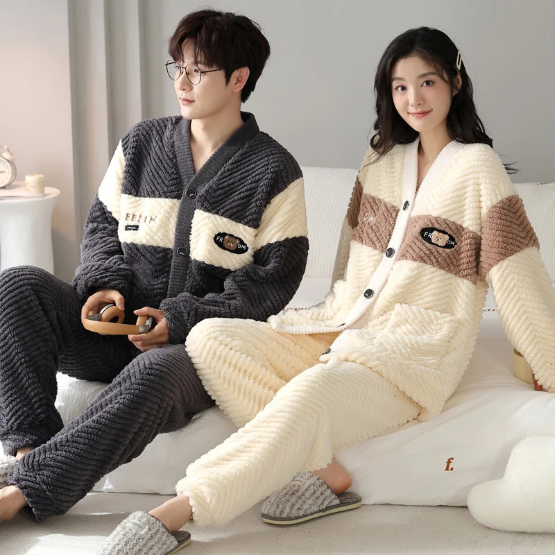 Mens Sleepwear Winter Thick Thermal Velvet Pajamas Set for Couple Kawaii Kimono Lovers Man and Woman Cardigan pijamas para parejas 231122
