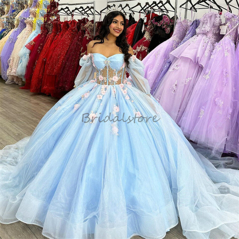 Light Blue Quinceanera Dresses With Pink 3D Flowers Crystal Beaded Princess Birthday Dress Long Sleeve Vestidos De 15 Anos Fifteen Sweet 16 Promdress 