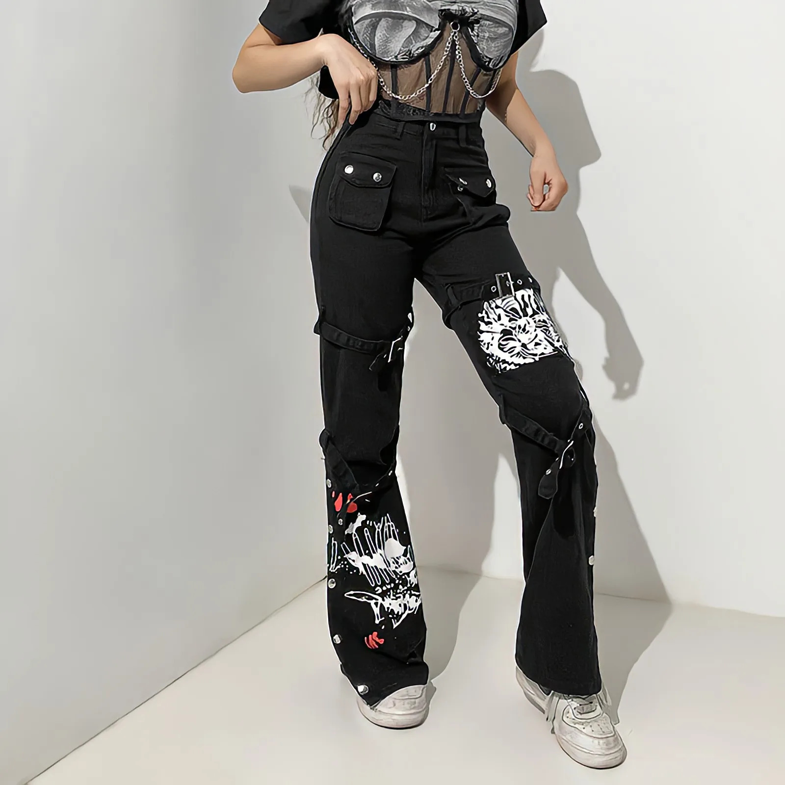 Women's Jeans American Punk Style Black Jeans Woman Summer Streetwear Graffiti Cargo Pants Metal Buckle Fashion Vintage Straight Flared Pants 231