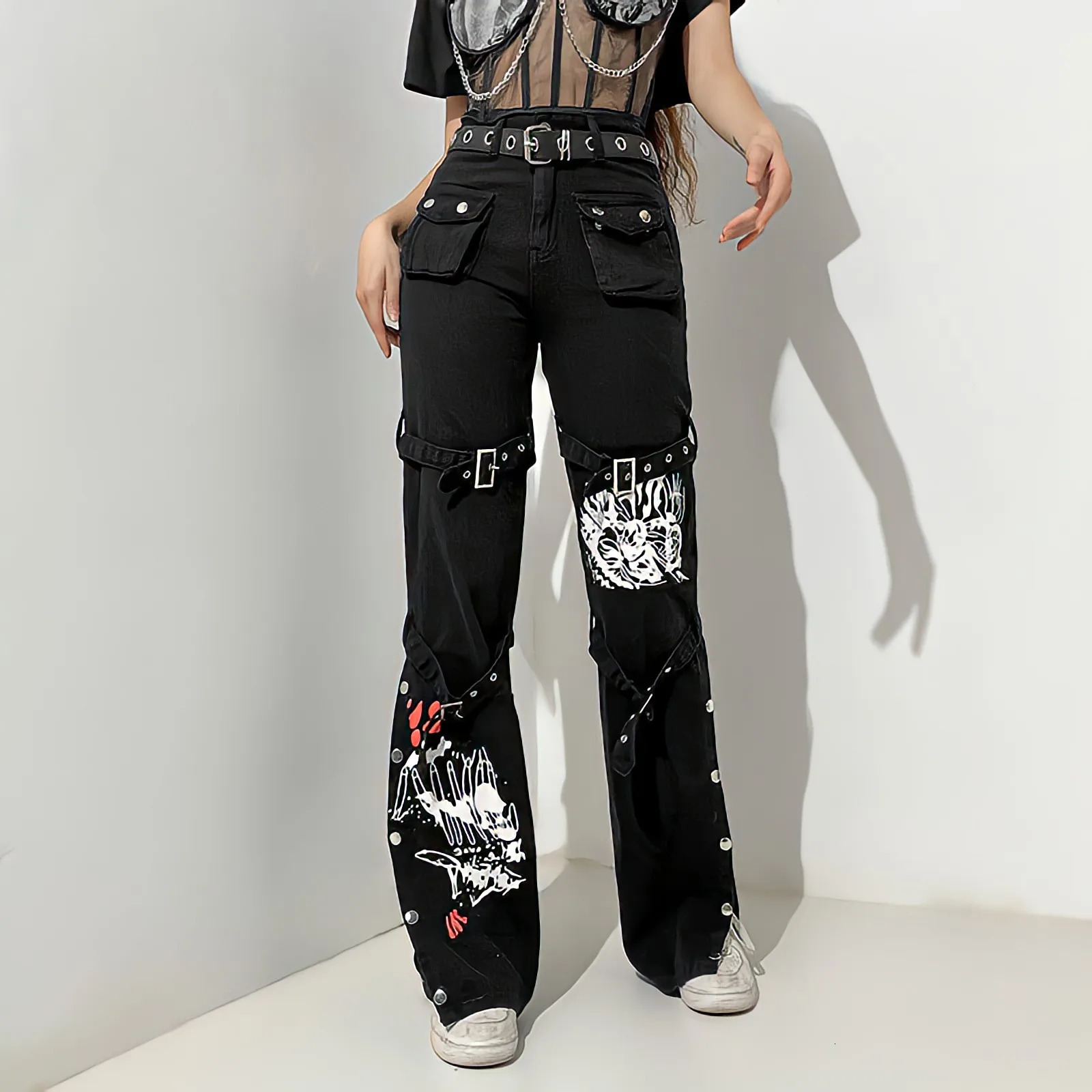 Women's Jeans American Punk Style Black Jeans Woman Summer Streetwear Graffiti Cargo Pants Metal Buckle Fashion Vintage Straight Flared Pants 231