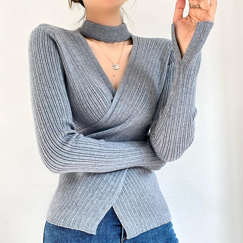 Womens Sweaters Vintage V-neck Cross Choker Sweater Women Autumn Stylish Stretchable Chompas Para Mujer Office Lady Criss-Cross Casual Swea
