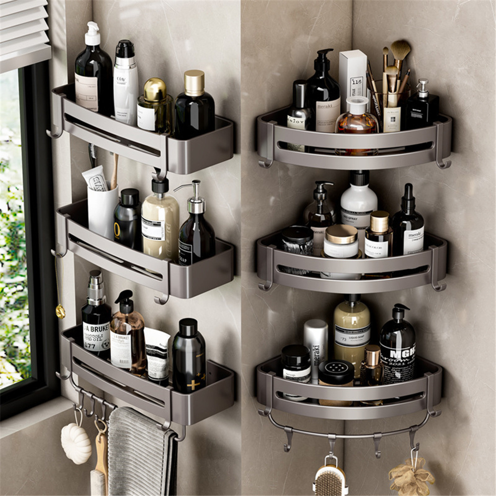 Bathroom Shelves Bathroom Shelves No Drill Triangular Shower Rack Wall-mounted Space Aluminum Toilet Corner Shelf Gun Grey Bathroom Storage Rack 23042