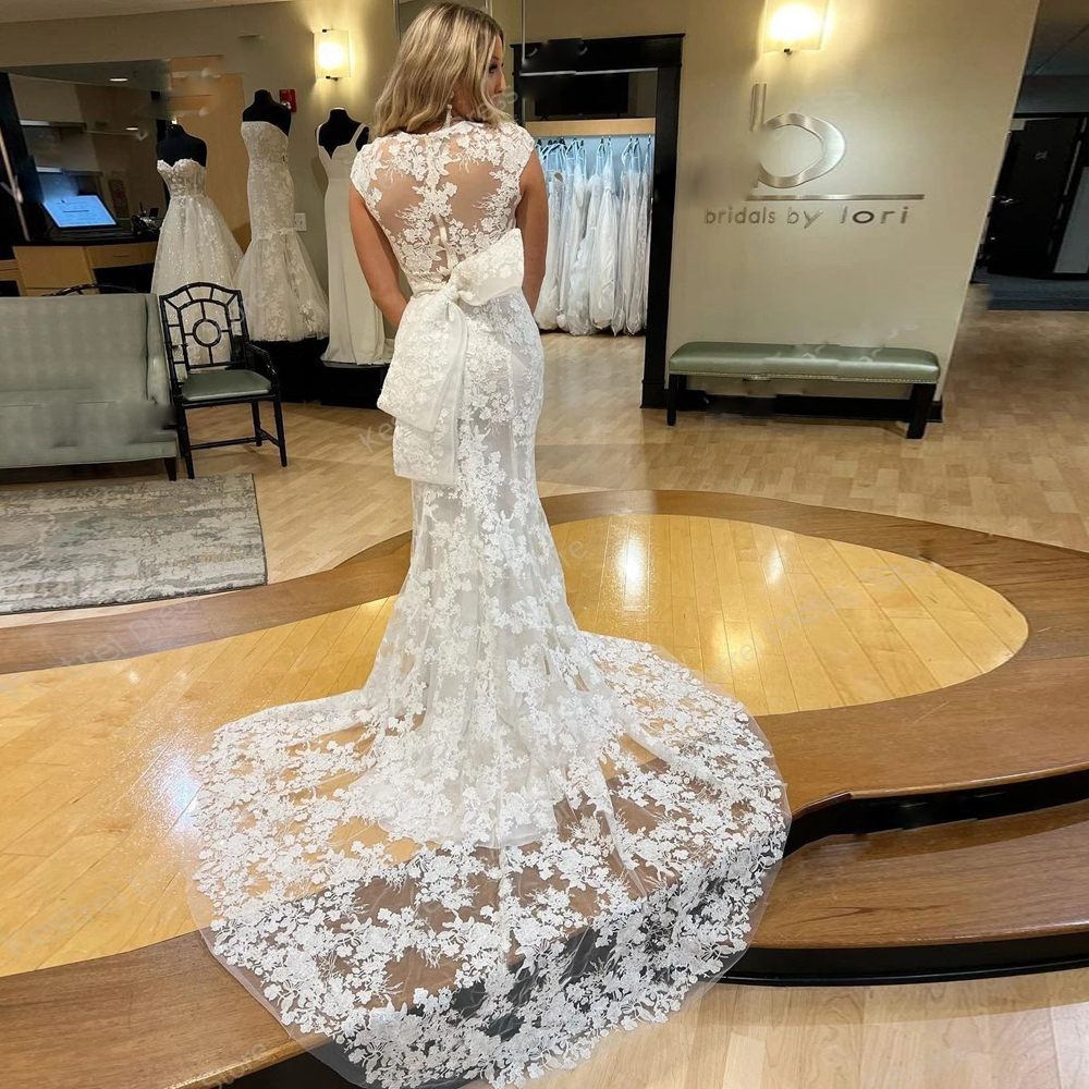 Vintage Mermaid Bride Dress O Neck Bow Back Lace Appliques Wedding Gowns Sweep Train Vestidos De Mariee