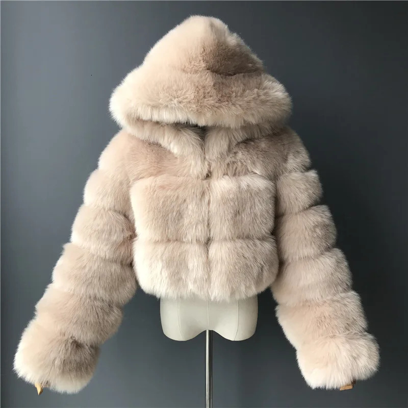 Women's Fur Faux Fur Fashion Hooded Faux Fur Coat Women Winter High Quality Warm Furry Overcoat Elegant Plush Crop Jacket 231121