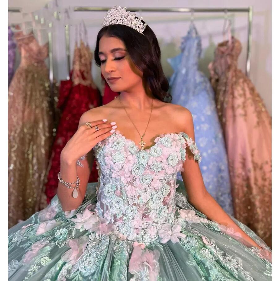 Princess Sage Embroidered Lace Quinceanera Dresses 2024 Off Shoulder Mexican Lace Up Graduation Gowns For sweet 15 16