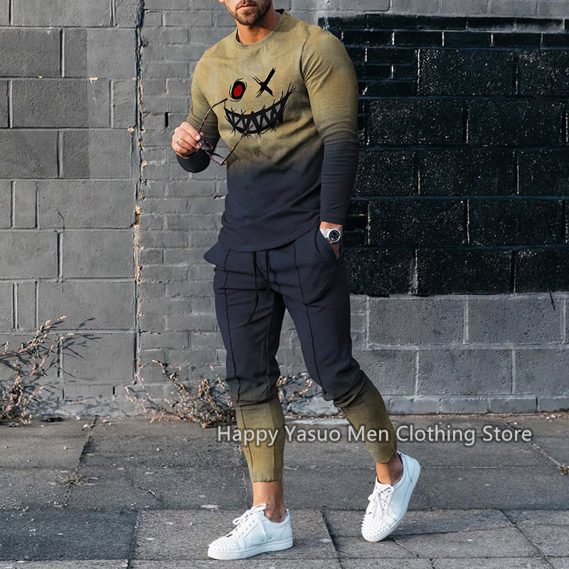 Men's Tracksuits Summer Men's Tracksuit 2 Piece Outfit of Sportswear Long Sleeve Streetwear Fashion T-shirt Set Vintage Pattern Men's C