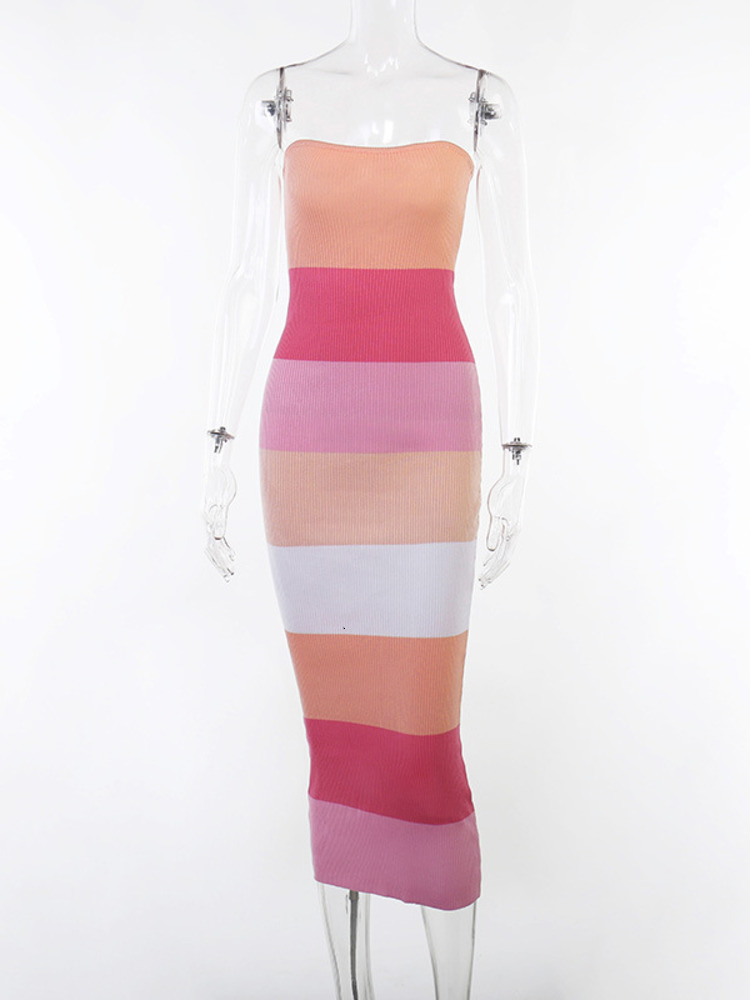 Casual Dresses Mozision Contrast Colors Strapless Knit Midi Dress For Women Robe Patchwork Off-shoulder Backless Bodycon Sexy Long Dress 230421