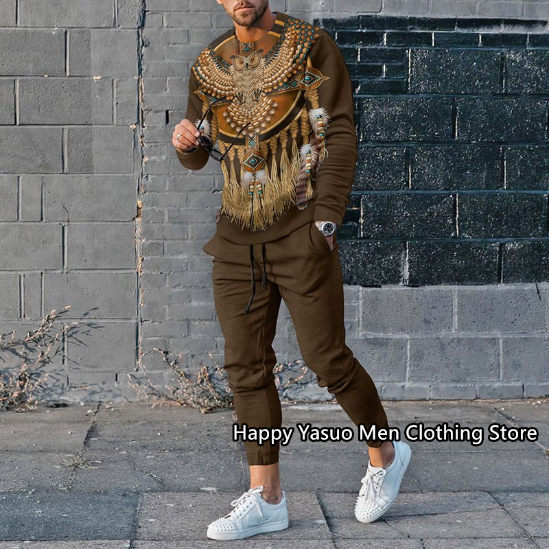 Men's Tracksuits Summer Men's Tracksuit 2 Piece Outfit of Sportswear Long Sleeve Streetwear Fashion T-shirt Set Vintage Pattern Men's C