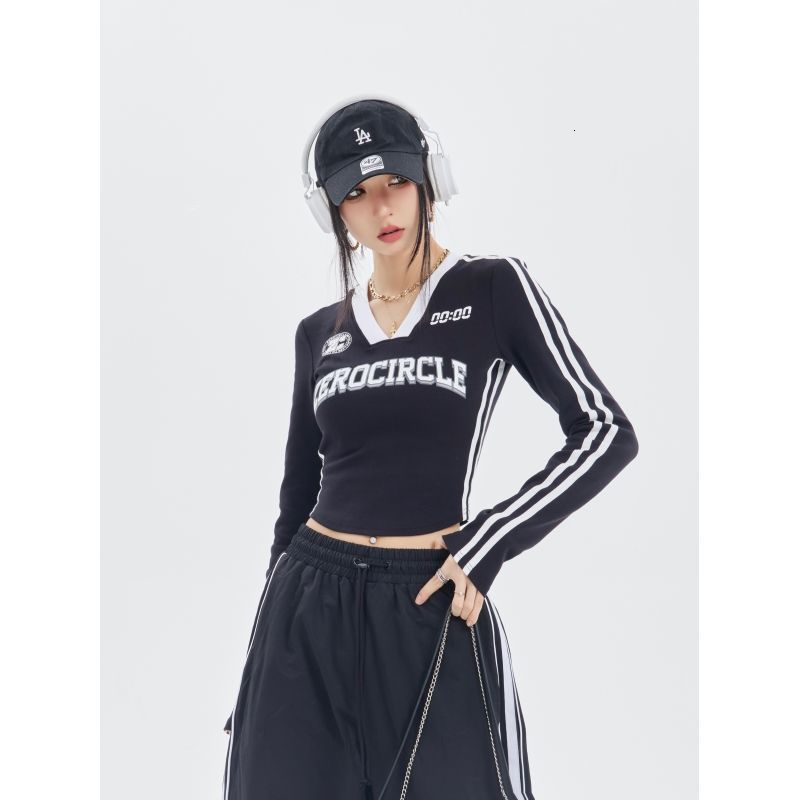 Women's T-Shirt Hikigawa Chic Fashion Women Vintage Contrast Color Jersey Print Long Sleeve T-Shirts Streetwear Slim Fit Short Length V Neck Top 