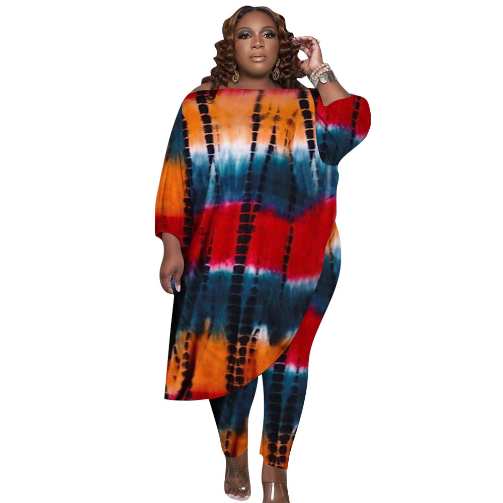 Women s Plus Size Tracksuits 5xl Fashion Outfit Tie Dye Printing Loose Oblique Shoulder Irregular Tops Two Piece Set Wholesale Drop 230508