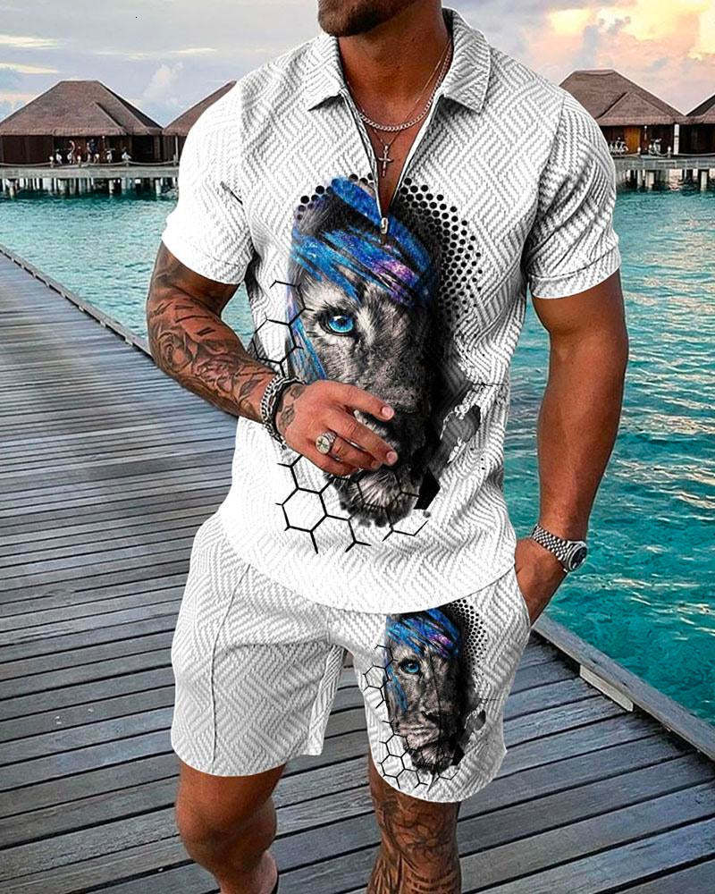 Men's Tracksuits Summer Sports Suit Men 3D Printed Casual Short Sleeve T Shirt Men's Lapel Zip Polo Shirt Men's Clothing Mens Polos Tra