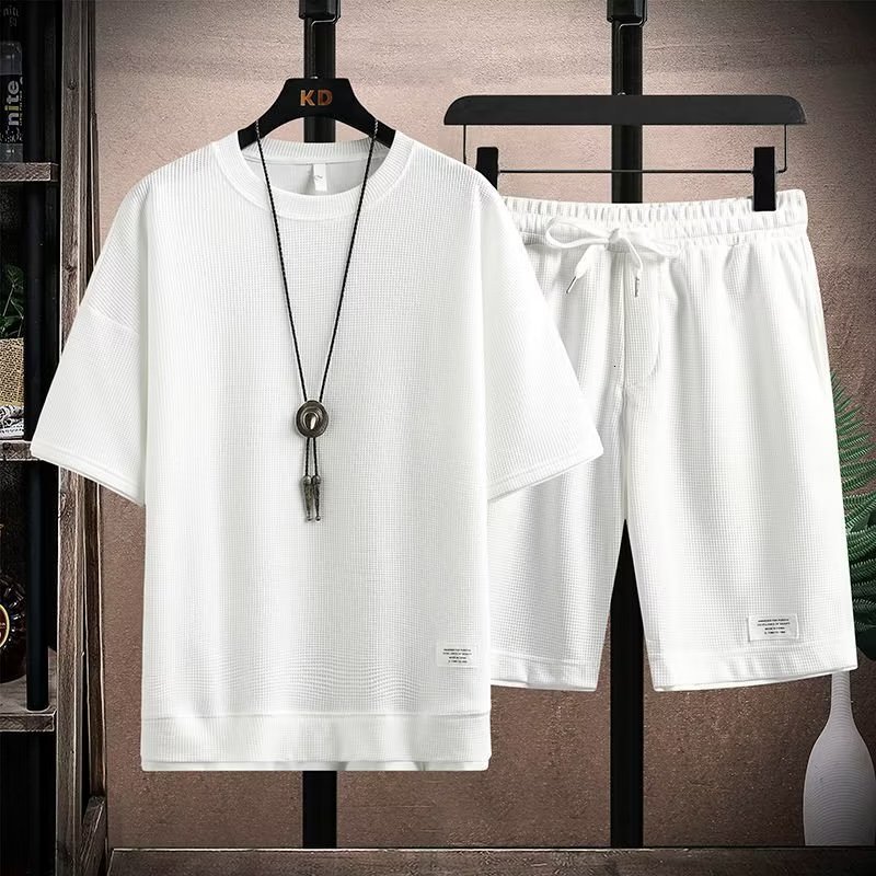 Men's Tracksuits Waffle Pattern 2 Piece Men Shorts Set Summer Tracksuit Men Fashion Clothing Harajuku Style Japan Fashion Loose Fit Sweatsuit 230