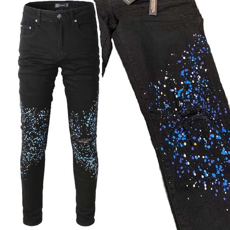Designer Clothing Fashion Denim Pants Amiiri 2022 New High Street Trend Brand Black Distressed Washed Hole Splash Ink Graffiti Elastic Slim Fit Small Foot Jeans Men, As shown in figure
Designer Clothing Fashion Denim Pants Amiiri 2022 New High Street Trend Brand Black Distressed Washed Hole Splash Ink Graffiti Elastic Slim Fit Small Foot Jeans Men, As shown in figure