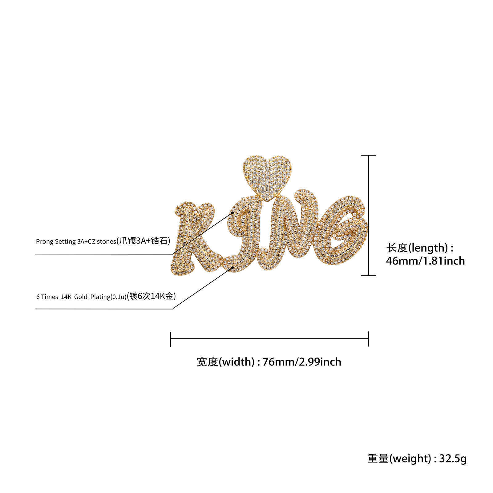 Best Selling Capital Letters Mosaic King Heart Charm Pendant Necklace Mens 14K White Gold Full Bling Cubic Zirconia CZ Stone Hip Hop Personalized Jewe