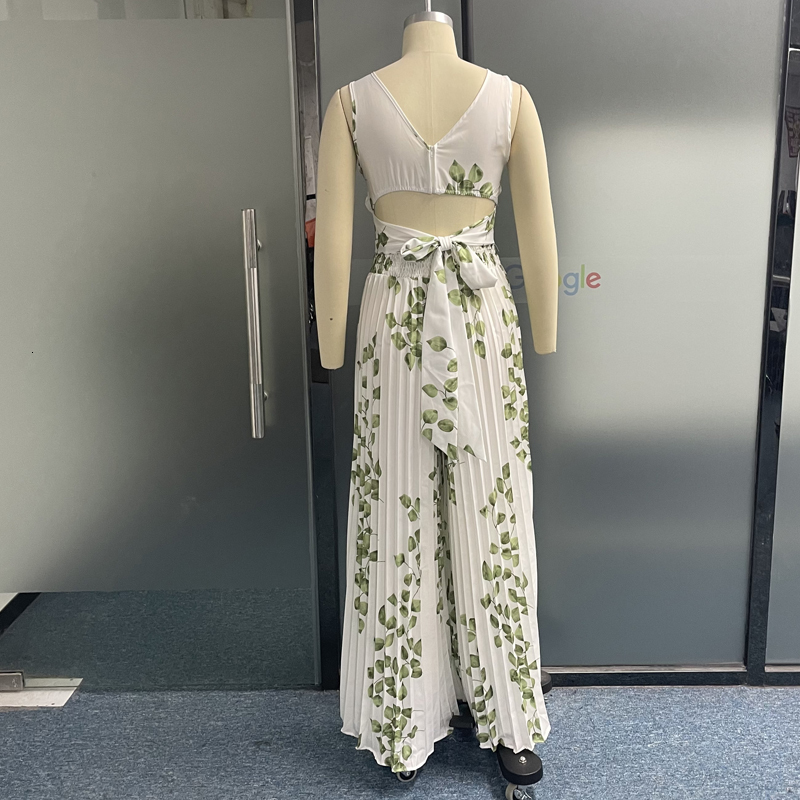 Women's Jumpsuits Rompers LIYONG Women Jumpsuit Sleeveless V Neck Cutout Nipped Waist Loose Printing Wide Legs Casual Pants Romper High Streetwea