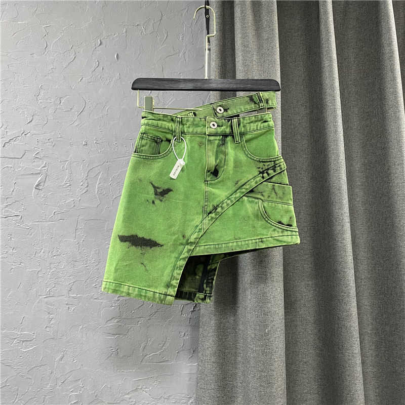 Skirts Asymmetric Sashes Tie Dye Streetwear Above Knee Denim Skirts Tide Summer Botttom Skirts Fashion Y2k Women Jean Skirts High Waist P230422