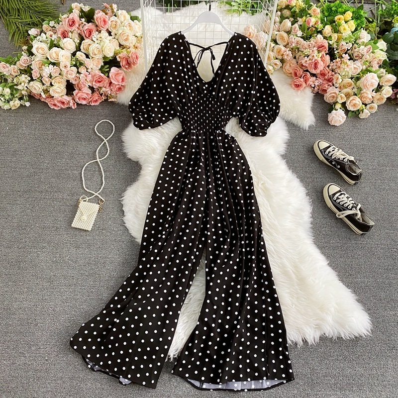 Women's Jumpsuits Rompers F V Neck Sexy Dolman Sleeves Waist Slim Polka Dot Print Jumpsuit Women Wide Leg Trousers Jumpsuit 230421