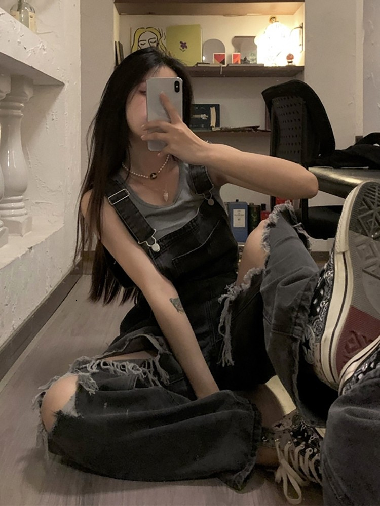 Women's Jean Jump Suit Summer Hole Denim Overalls Oversized Jeans High Waist Girl Style Street Trousers Female 230422