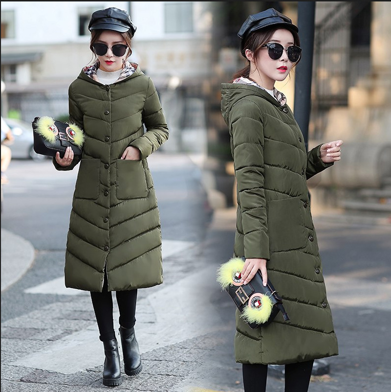 Women's Green Hooded Mid Length Down Jacket Slim Fitting Thickened Winter Parka Casual Long Coat
