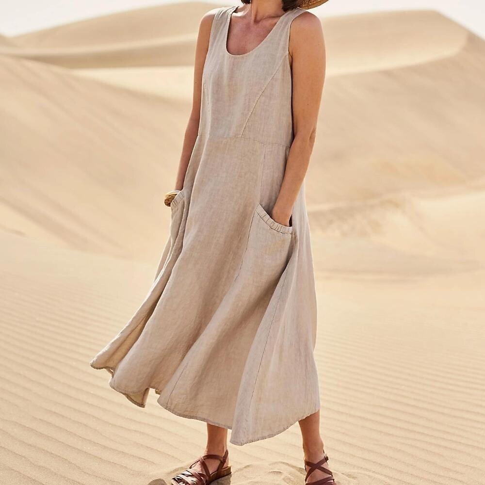 Dress for woman Summer Women Sleeveless designer dress Sundress Elegant Round Neck Cotton Linen Solid Long Tank Dress Vintage Pockets Beach Vestidos