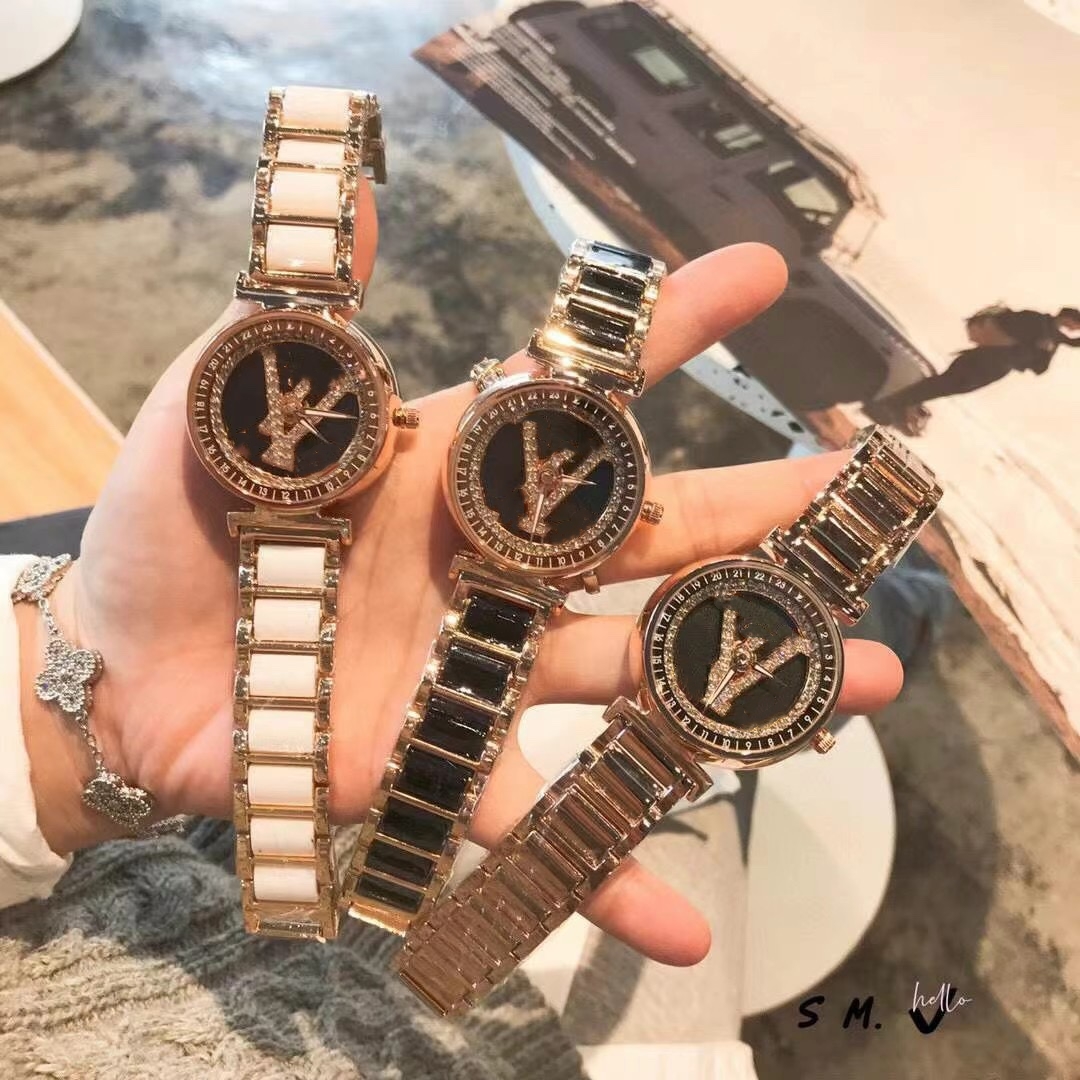 luxury lady watch Rotary dial Rose Gold Sliver designer diamond fashion women watches Leather strap wristwatches for womens Christmas Mother's Day Birthday Gift