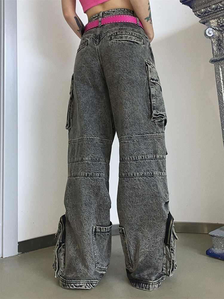 Women's Jeans LGRQ Fashion Loose High Waist Big Pockets Straight Patchwork Cargo Denim Pants Female Summer 2023 19J3929 230422