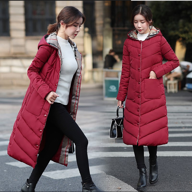 Women's Green Hooded Mid Length Down Jacket Slim Fitting Thickened Winter Parka Casual Long Coat