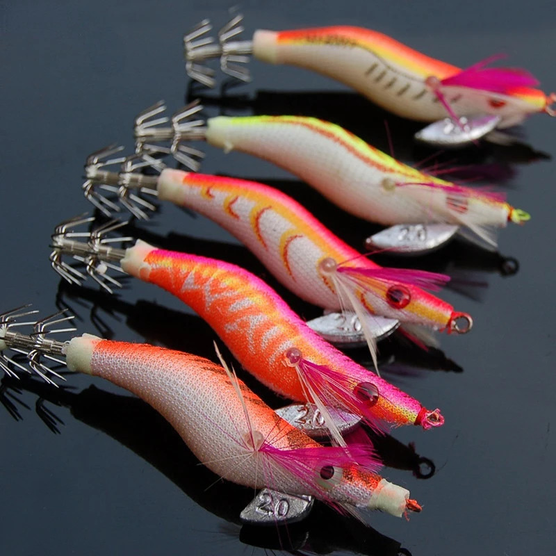 Fishing Hooks 5pcs Luminous Squid Jigs Prawn Hook Wooden Bionic Shrimp Baits Lures For Saltwater 7 32g 231123