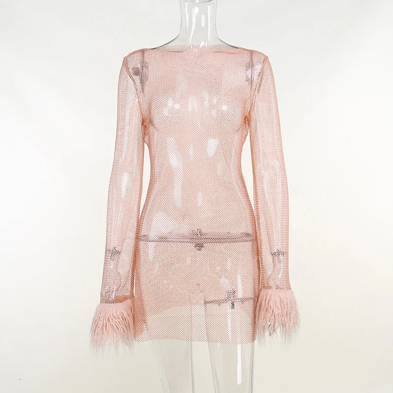 Basic Casual Dresses Party Fashion Summer Long Sleeve Mini Feathers Shining Women Club Sexy Dress Evening Outfits Hollow Out Mesh WrapYJ22229PF 231123